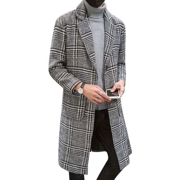 Other - Mens Gray Winter Notched Collar Single Breasted Plaid Mid Long Trench Coat